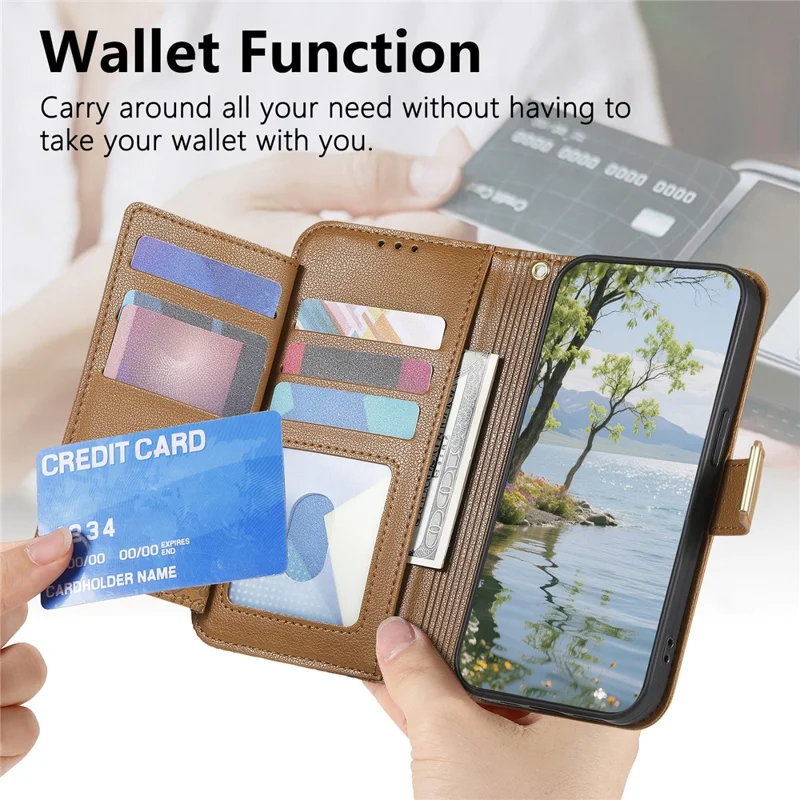 For Xiaomi 17 Max Case Floral Leaf Pattern Multi Card Slots Zipper Leather Phone Cover with Wrist Strap - Brown