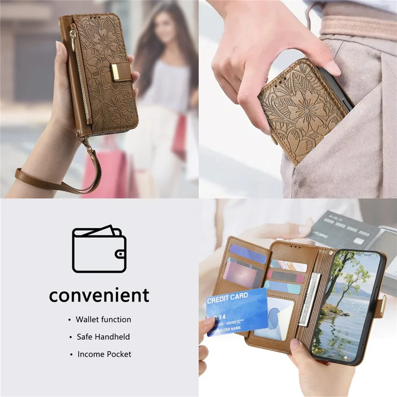 For Xiaomi 17 Max Case Floral Leaf Pattern Multi Card Slots Zipper Leather Phone Cover with Wrist Strap - Brown