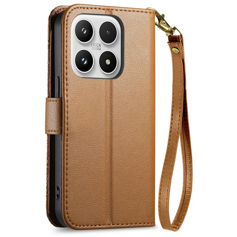For Xiaomi 17 Max Case Floral Leaf Pattern Multi Card Slots Zipper Leather Phone Cover with Wrist Strap - Brown