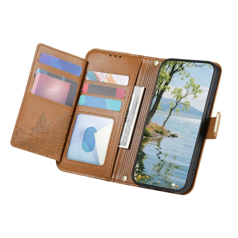 For Xiaomi 17 Max Case Floral Leaf Pattern Multi Card Slots Zipper Leather Phone Cover with Wrist Strap - Brown