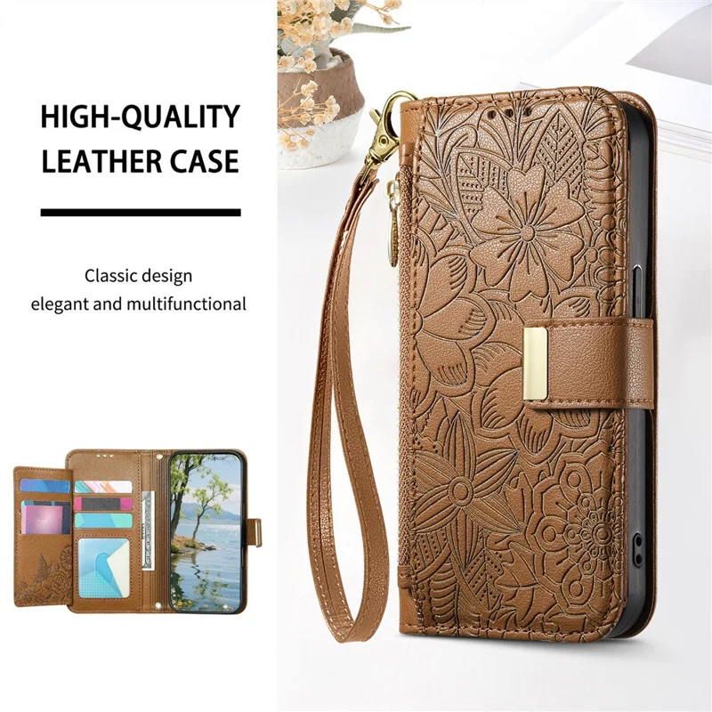 For Xiaomi 17 Max Case Floral Leaf Pattern Multi Card Slots Zipper Leather Phone Cover with Wrist Strap - Brown