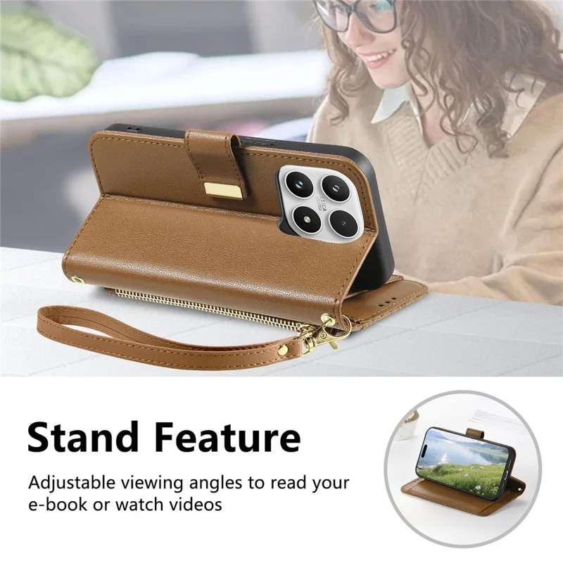 For Xiaomi 17 Max Case Floral Leaf Pattern Multi Card Slots Zipper Leather Phone Cover with Wrist Strap - Brown
