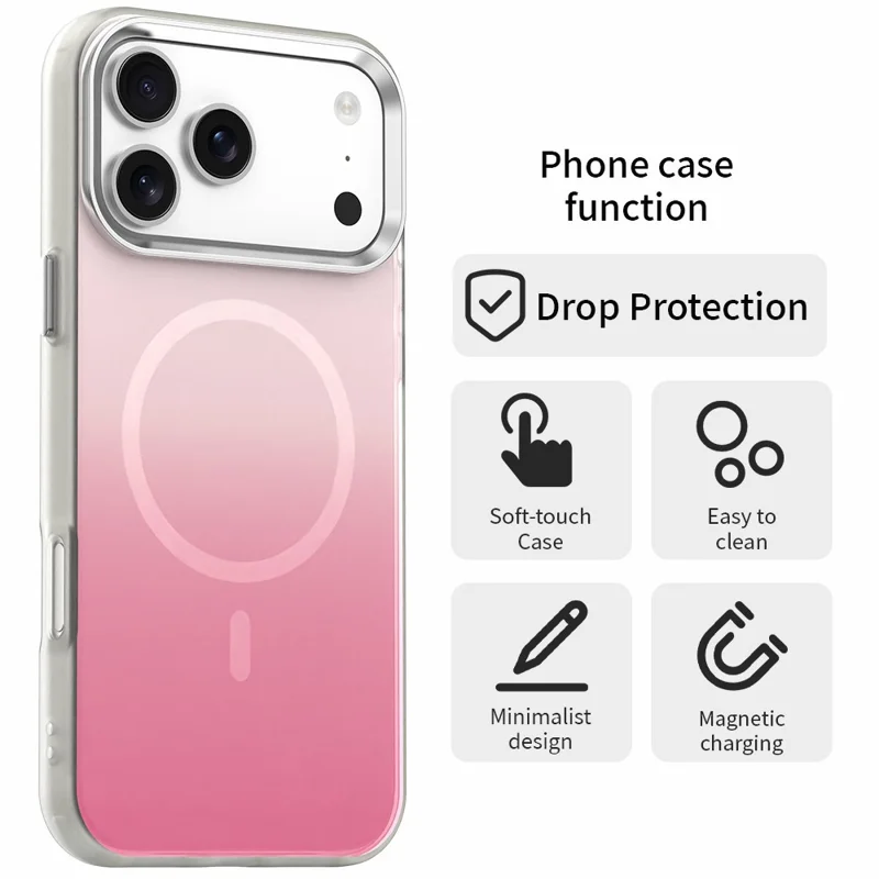 For iPhone 17 Pro Max Magnetic Case Gradient TPU + PET + PC IMD Shockproof Phone Cover - Pink