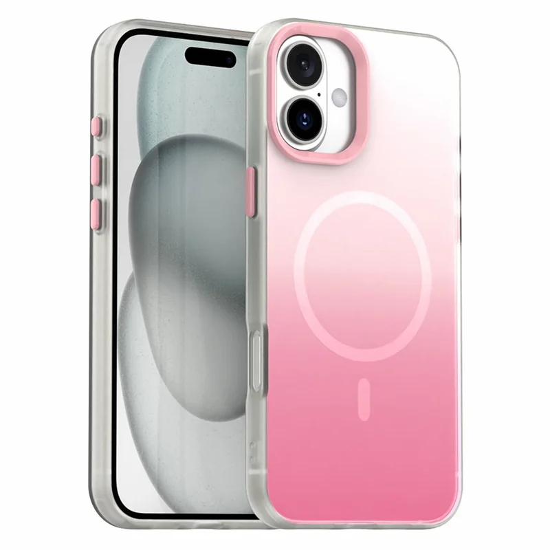 For iPhone 16 Magnetic Case Gradient TPU + PET + PC IMD Shockproof Phone Cover - Pink