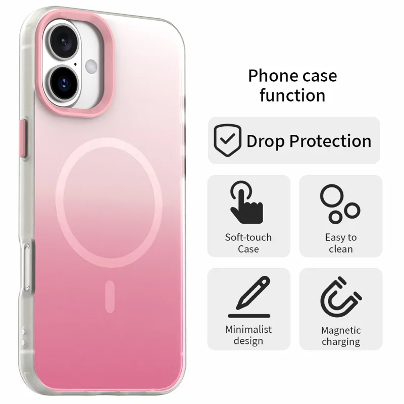 For iPhone 16 Magnetic Case Gradient TPU + PET + PC IMD Shockproof Phone Cover - Pink