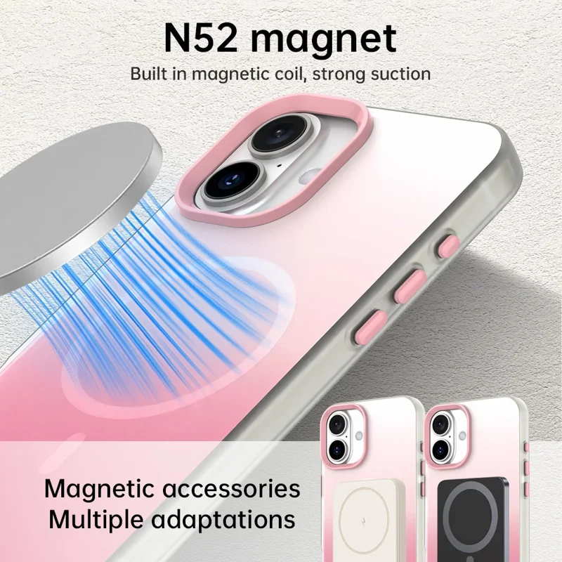 For iPhone 16 Magnetic Case Gradient TPU + PET + PC IMD Shockproof Phone Cover - Pink