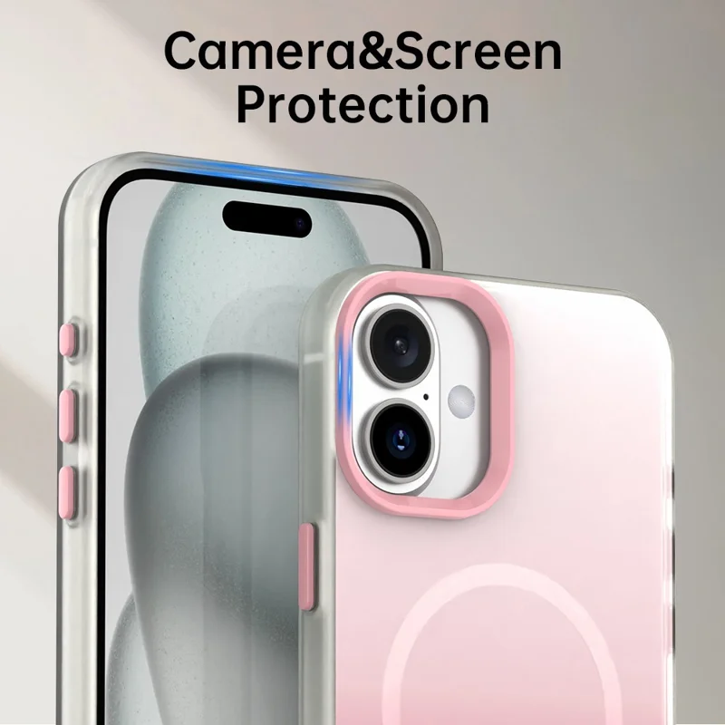 For iPhone 16 Magnetic Case Gradient TPU + PET + PC IMD Shockproof Phone Cover - Pink