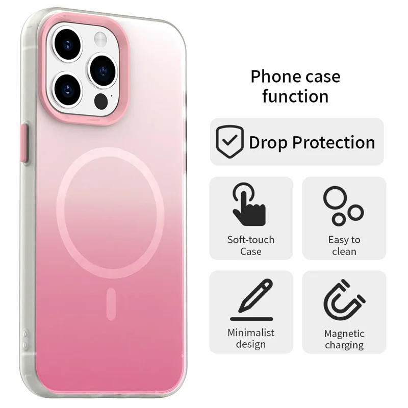 For iPhone 15 Pro Max Magnetic Case Gradient TPU + PET + PC IMD Shockproof Phone Cover - Pink
