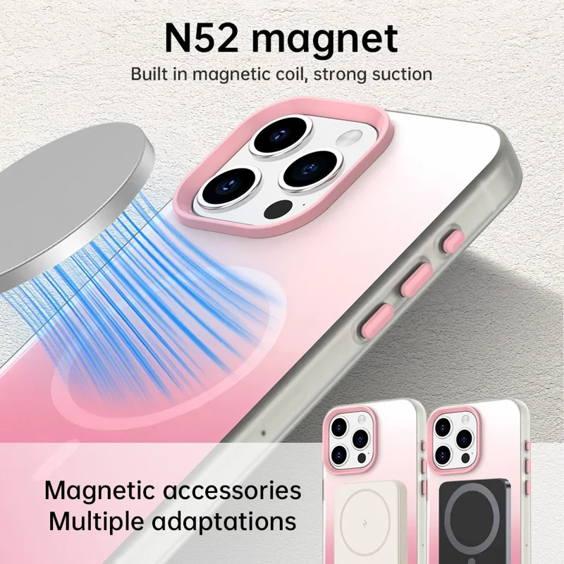 For iPhone 15 Pro Max Magnetic Case Gradient TPU + PET + PC IMD Shockproof Phone Cover - Pink