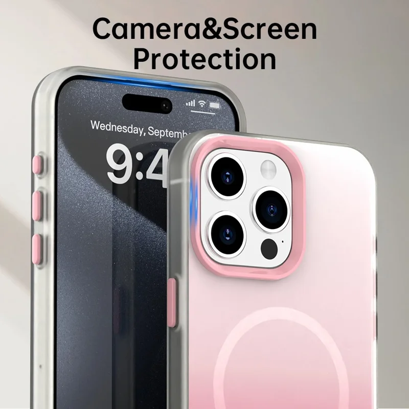 For iPhone 15 Pro Max Magnetic Case Gradient TPU + PET + PC IMD Shockproof Phone Cover - Pink