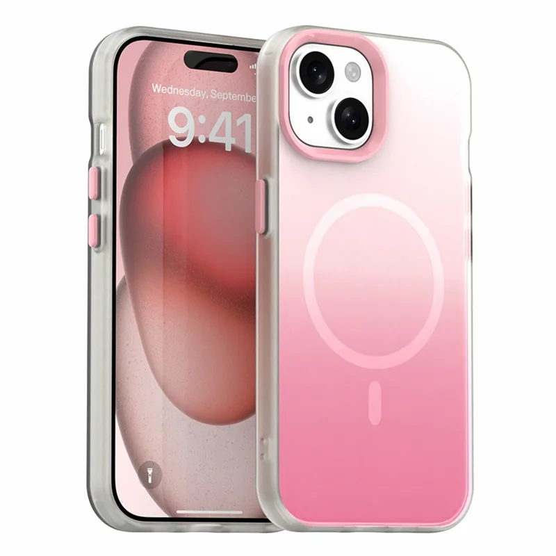 For iPhone 15 Magnetic Case Gradient TPU + PET + PC IMD Shockproof Phone Cover - Pink