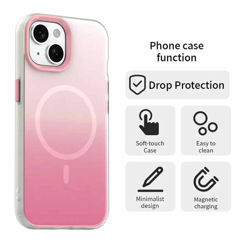 For iPhone 15 Magnetic Case Gradient TPU + PET + PC IMD Shockproof Phone Cover - Pink