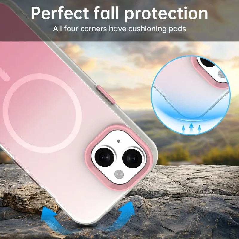 For iPhone 15 Magnetic Case Gradient TPU + PET + PC IMD Shockproof Phone Cover - Pink