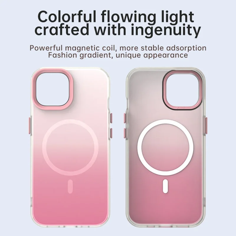 For iPhone 15 Magnetic Case Gradient TPU + PET + PC IMD Shockproof Phone Cover - Pink