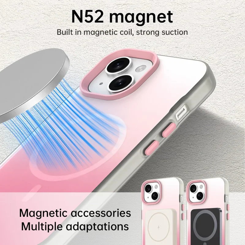 For iPhone 15 Magnetic Case Gradient TPU + PET + PC IMD Shockproof Phone Cover - Pink