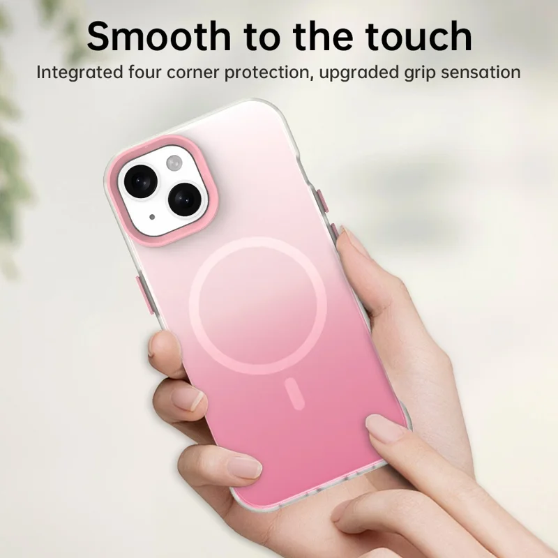 For iPhone 15 Magnetic Case Gradient TPU + PET + PC IMD Shockproof Phone Cover - Pink