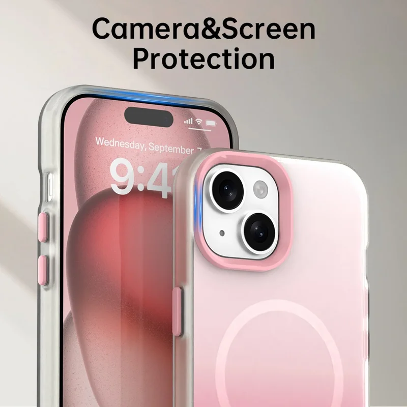 For iPhone 15 Magnetic Case Gradient TPU + PET + PC IMD Shockproof Phone Cover - Pink