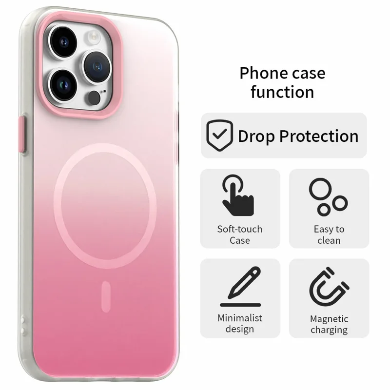 For iPhone 14 Pro Magnetic Case Gradient TPU + PET + PC IMD Shockproof Phone Cover - Pink