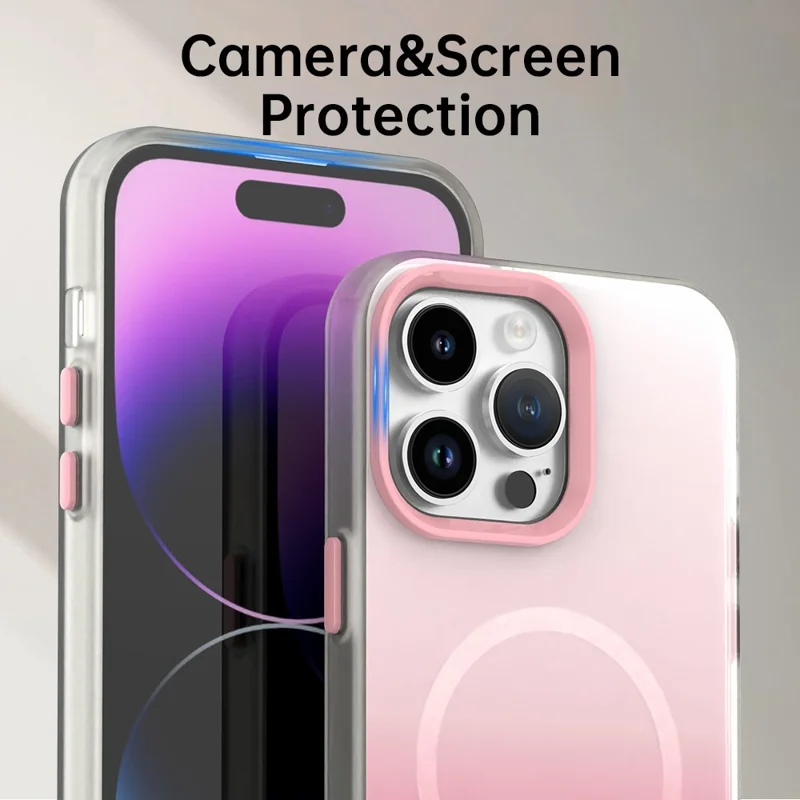 For iPhone 14 Pro Magnetic Case Gradient TPU + PET + PC IMD Shockproof Phone Cover - Pink