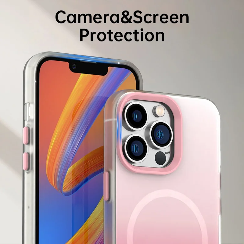 For iPhone 13 Pro Max Magnetic Case Gradient TPU + PET + PC IMD Shockproof Phone Cover - Pink