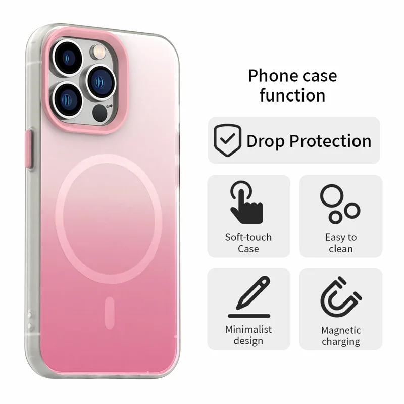For iPhone 13 Pro Magnetic Case Gradient TPU + PET + PC IMD Shockproof Phone Cover - Pink