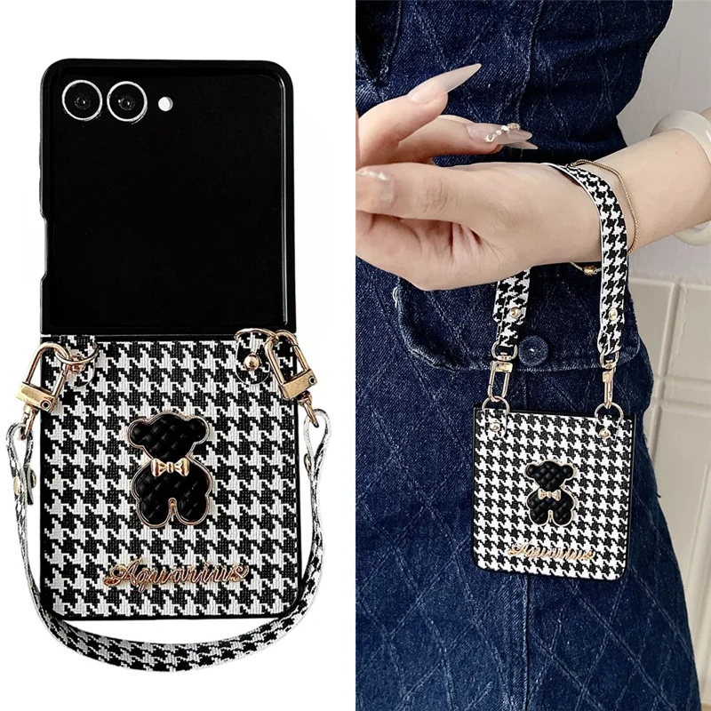 For Samsung Galaxy Z Flip8 Case Bear Charm PU Leather + PC Phone Cover with Wrist Strap - Houndstooth