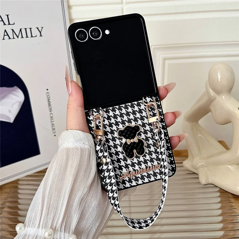 For Samsung Galaxy Z Flip8 Case Bear Charm PU Leather + PC Phone Cover with Wrist Strap - Houndstooth
