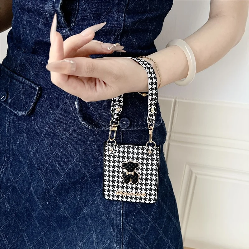 For Samsung Galaxy Z Flip8 Case Bear Charm PU Leather + PC Phone Cover with Wrist Strap - Houndstooth