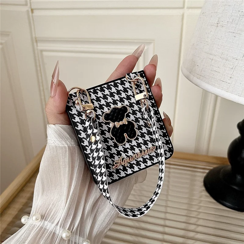 For Samsung Galaxy Z Flip8 Case Bear Charm PU Leather + PC Phone Cover with Wrist Strap - Houndstooth