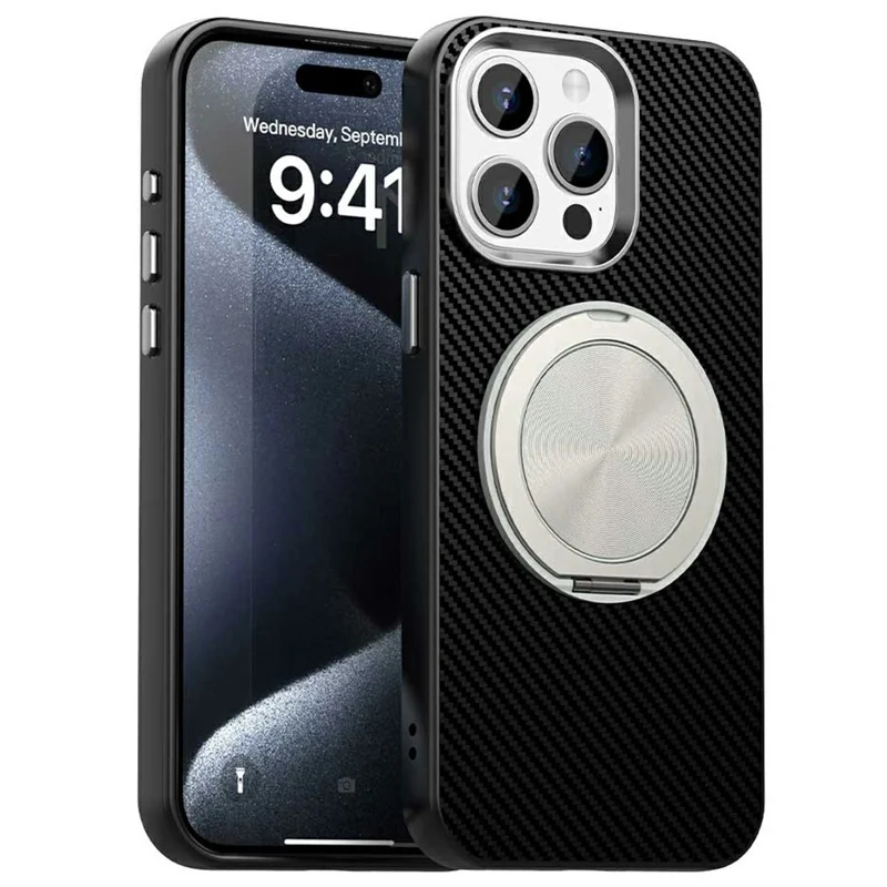 For iPhone 13 Pro Max Case Rotating Magnetic Kickstand Carbon Fiber Texture TPU + PET + PC Phone Cover - Black