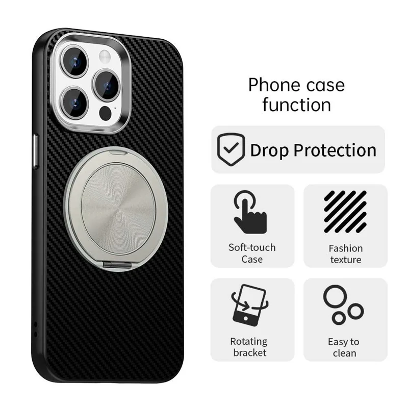 For iPhone 13 Pro Max Case Rotating Magnetic Kickstand Carbon Fiber Texture TPU + PET + PC Phone Cover - Black