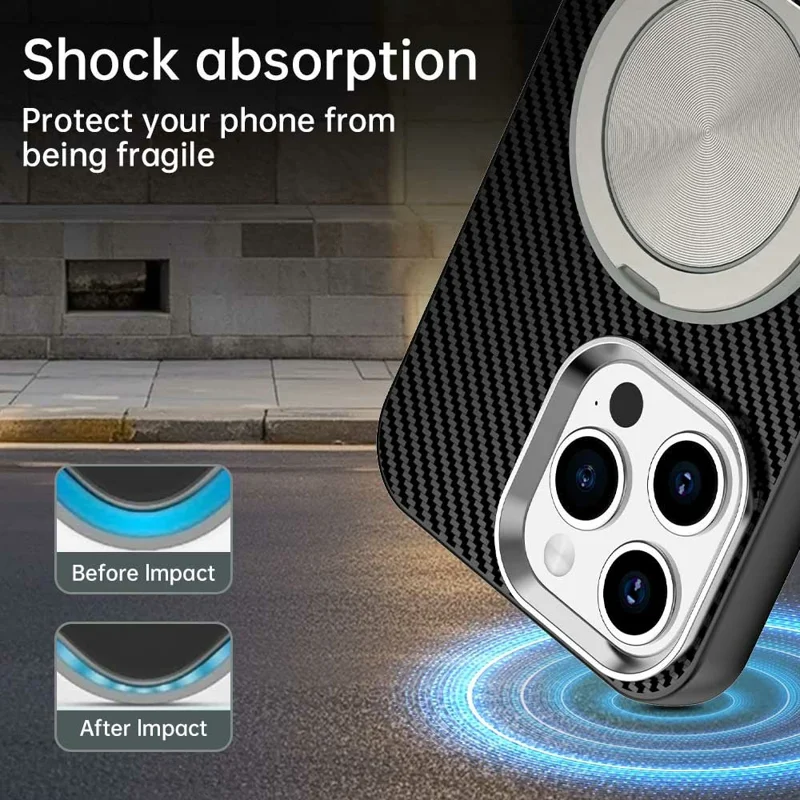 For iPhone 13 Pro Max Case Rotating Magnetic Kickstand Carbon Fiber Texture TPU + PET + PC Phone Cover - Black