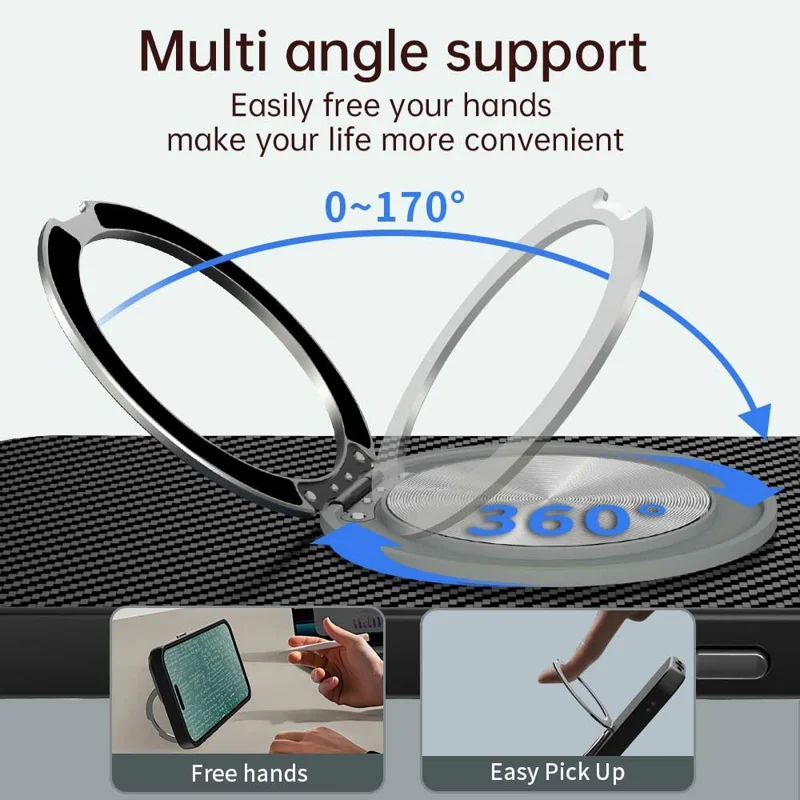 For iPhone 13 Pro Max Case Rotating Magnetic Kickstand Carbon Fiber Texture TPU + PET + PC Phone Cover - Black