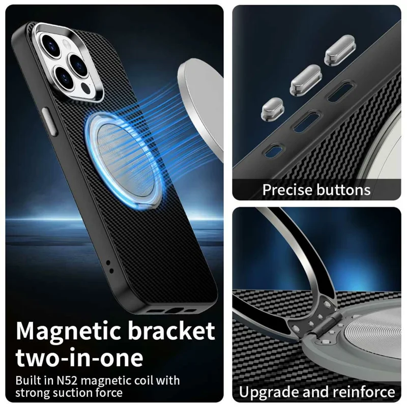 For iPhone 13 Pro Max Case Rotating Magnetic Kickstand Carbon Fiber Texture TPU + PET + PC Phone Cover - Black