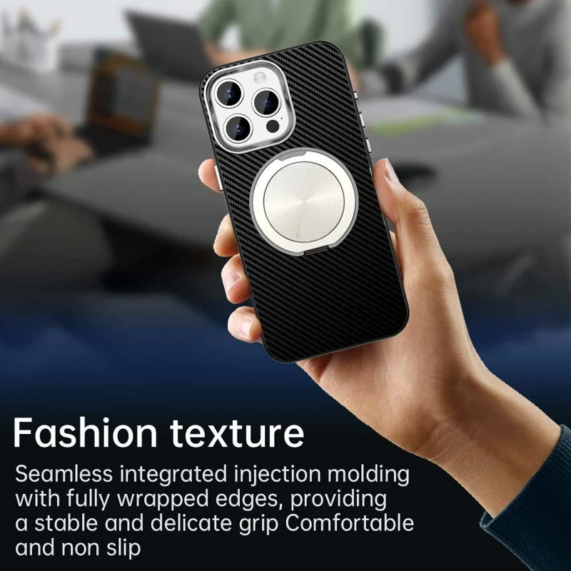 For iPhone 13 Pro Max Case Rotating Magnetic Kickstand Carbon Fiber Texture TPU + PET + PC Phone Cover - Black