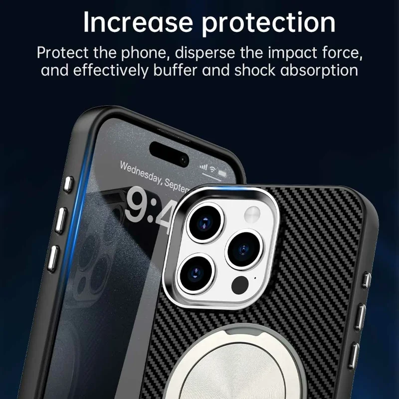 For iPhone 13 Pro Max Case Rotating Magnetic Kickstand Carbon Fiber Texture TPU + PET + PC Phone Cover - Black