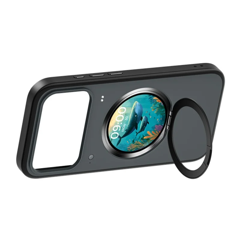 For iPhone 17 Pro Smart Window Case with Circular Screen Magnetic Kickstand PC + TPU Multi-Functional Phone Cover - Black