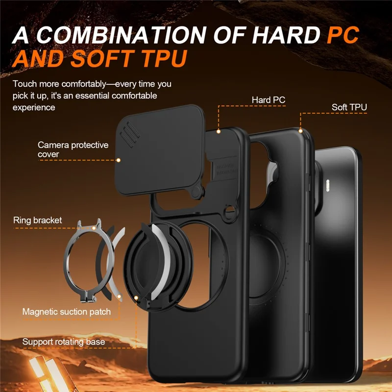For Xiaomi 17T Magnetic Case Ring Kickstand Slide Camera Cover TPU PC Hybrid Phone Shell - Black