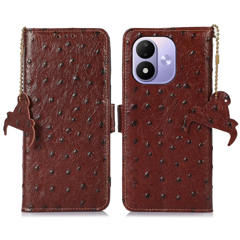 For Xiaomi Redmi Note 17 4G Case RFID Blocking Genuine Cow Leather Phone Case Ostrich Texture - Coffee