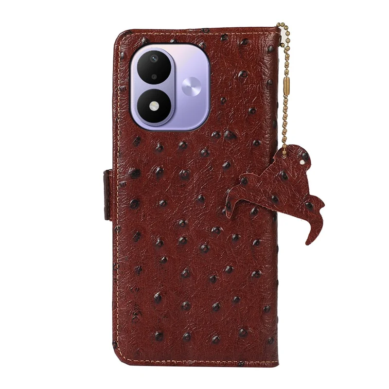 For Xiaomi Redmi Note 17 4G Case RFID Blocking Genuine Cow Leather Phone Case Ostrich Texture - Coffee