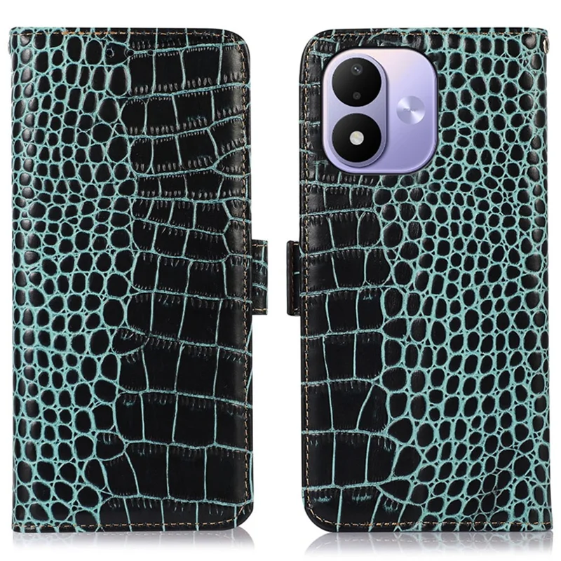 Étui pour Xiaomi Redmi 17 5G / Redmi 17 4G avec portefeuille, blocage RFID, texture crocodile, en véritable cuir de vache - Vert