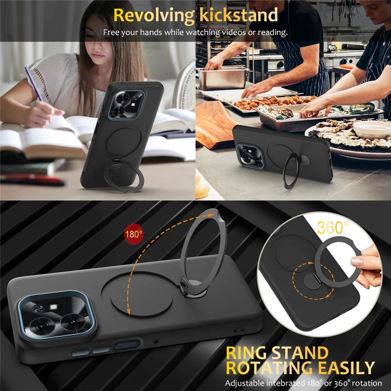 For Honor X6d 5G  /  500 Smart 5G Magnetic Case Rotating Ring Kickstand TPU + PC Back Cover - Black