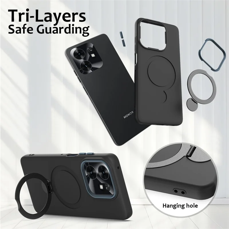 For Honor X6d 5G  /  500 Smart 5G Magnetic Case Rotating Ring Kickstand TPU + PC Back Cover - Black