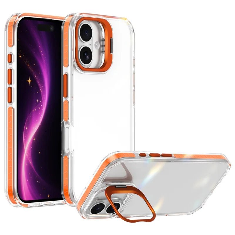 For iPhone 16 Plus Case Metal Camera Kickstand Shockproof Clear PC + TPU Phone Cover - Transparent Orange