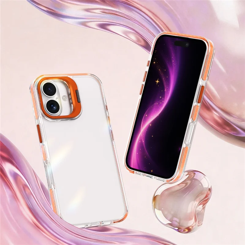 For iPhone 16 Plus Case Metal Camera Kickstand Shockproof Clear PC + TPU Phone Cover - Transparent Orange