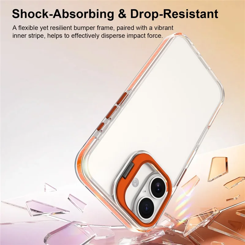 For iPhone 16 Plus Case Metal Camera Kickstand Shockproof Clear PC + TPU Phone Cover - Transparent Orange