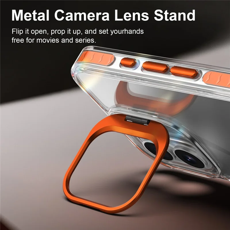 For iPhone 16 Plus Case Metal Camera Kickstand Shockproof Clear PC + TPU Phone Cover - Transparent Orange
