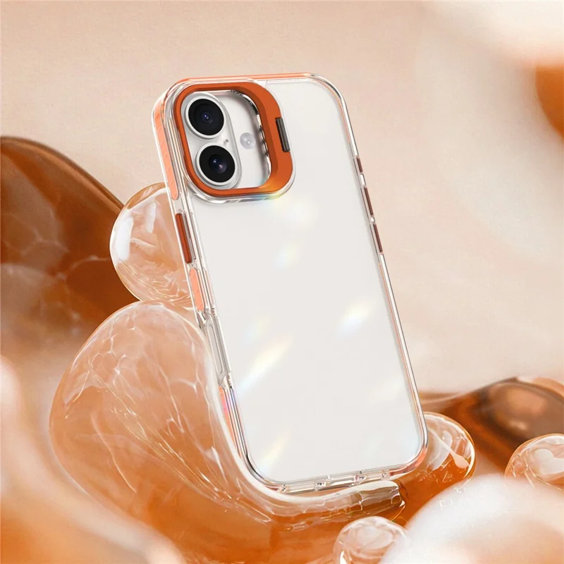 For iPhone 16 Plus Case Metal Camera Kickstand Shockproof Clear PC + TPU Phone Cover - Transparent Orange