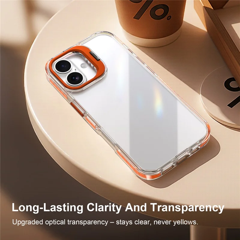 For iPhone 16 Case Metal Camera Kickstand Shockproof Clear PC + TPU Phone Cover - Transparent Orange