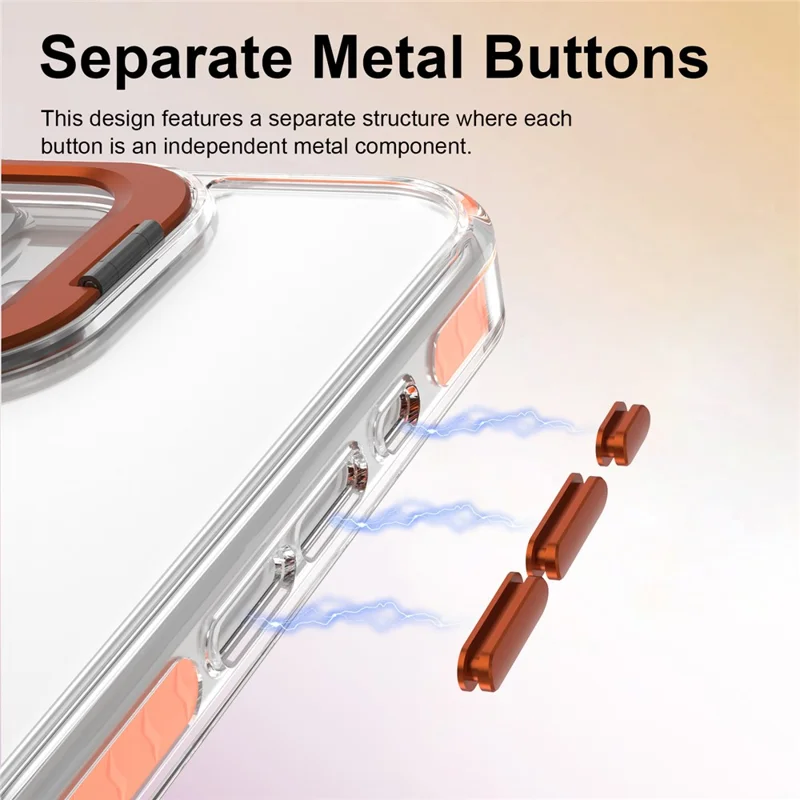 For iPhone 16 Case Metal Camera Kickstand Shockproof Clear PC + TPU Phone Cover - Transparent Orange